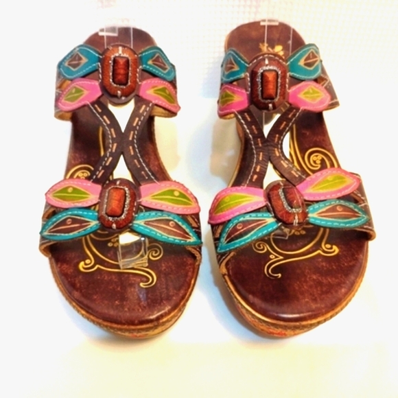 Spring Step Bonita Leather Jeweled Dragonfly Wedge Sandals Colorful 10.5 - Picture 1 of 13